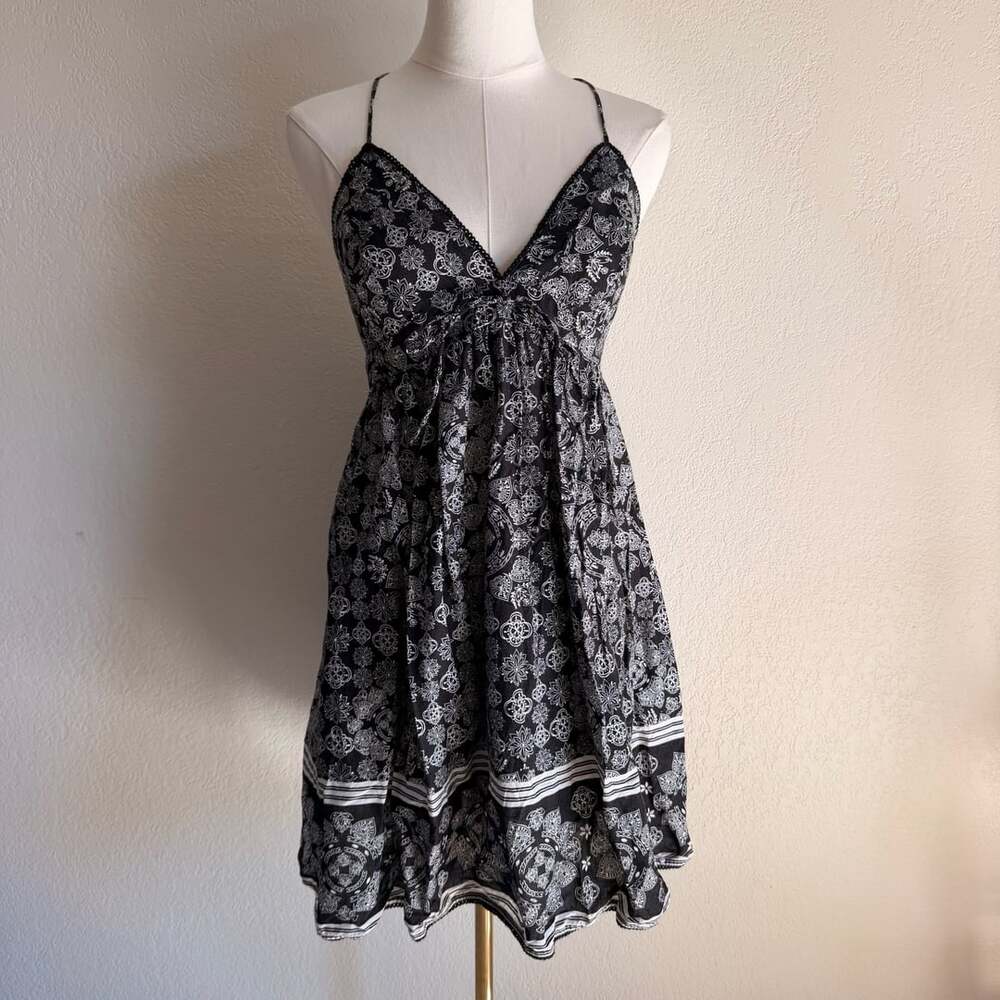 Lei Halter Dress Size M Black White Paisley Cotton Y2K Boho